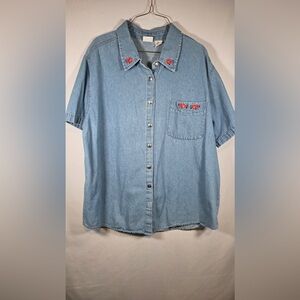 Cherokee Denim Short Sleeve Floral Embroidered Button Blouse Size22W RN17730